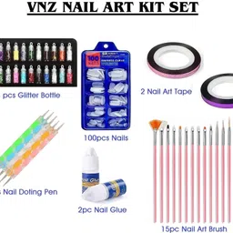 vnz NAIL ART KIT WITH 24 GLITTER BOTTLE,2 TAPES,15 BRUSH,5 DOT PEN,2 GLUE,100 NAILS-picture-28