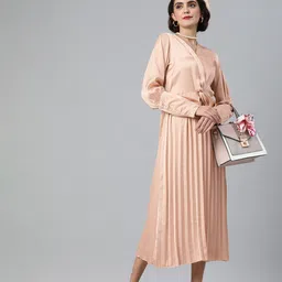 plusS Women Peach-Coloured Solid Accordion Pleat A-Line Midi Dress with Sheen Effect-picture-21
