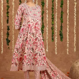 SRF JAIPUR Women Floral Printed Panelled Pure Cotton Kurta with Trousers & With Dupatta image 3