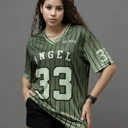 GO DEVIL Women Varsity Printed V-Neck Oversized T-shirt-picture-10