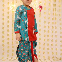 BownBee Boys Ethnic Motifs Printed Angrakha Pure Cotton Kurta with Dhoti Pants image 4