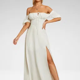 PRIZO Women's Solid Off-Shoulder Flared Party Maxi Dress-picture-41
