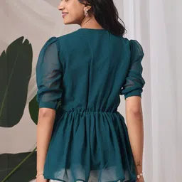 HIALTO Women V-Neck Embroidered Georgette Top image 5