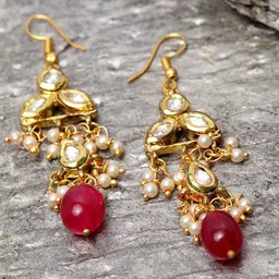 DUGRISTYLE Gold-Plated Contemporary Shaped Kundan Drop Earrings-picture-45