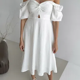 bebe White Off-Shoulder Twist Front A-Line Midi Dress image 3