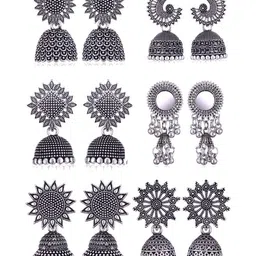 Sangria Set Of 6 Silver-Plated Dome Shaped Oxidized Jhumkas-image-37