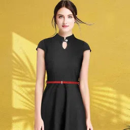 DressBerry Women Black Keyhole Neck Fit & Flare Dress-picture-20
