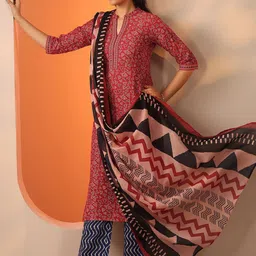 Libas Geometric Printed Mandarin Collar Straight Kurta With Trousers & Dupatta image 2