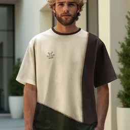 WROGN Colourblocked Drop Shoulder Sleeves Applique Oversized Cotton T-shirt-picture-31