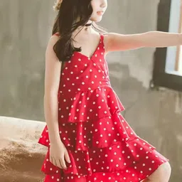 YK Girls V Neck Polka Dot Layered Cotton Fit & Flare Dress-picture-18