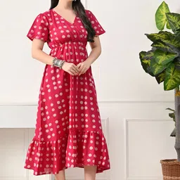 DECKEDUP Polka Dot Printed V-Neck A-Line Midi Dress image 5