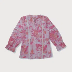 Gini and Jony Girls Floral Printed Tie-Up Neck Cotton Top image 1