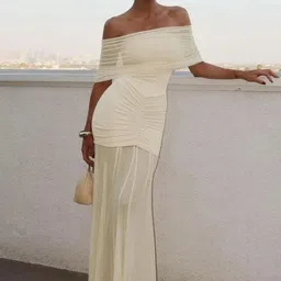 miss mosa by akanksha Alamode By Akanksha Women White Cosmic Off- Shoulder Ruched Maxi Dress-picture-40