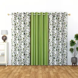 GEET CREATIONS Green & White Set of 3 Floral Room Darkening Door Curtain-picture-27