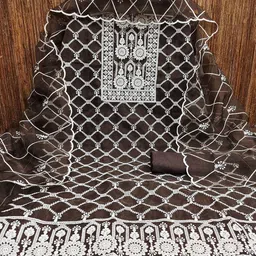 Panzora Floral Embroidered Thread Work Organza Unstitched Dress Material image 2