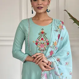 KALINI Round Neck Floral Embroidered Thread Work Straight Kurta with Trouser & Dupatta image 2