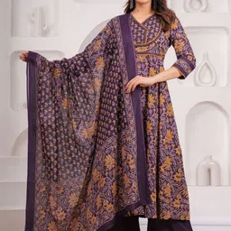 KALINI Ethnic Motifs Printed V-Neck Pure Cotton A-Line Kurta With Trousers & Dupatta image 2
