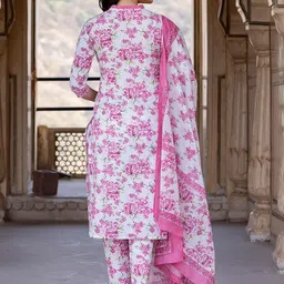 KALINI Women Floral Printed Regular Pure Cotton Kurta with Trousers & With Dupatta image 5