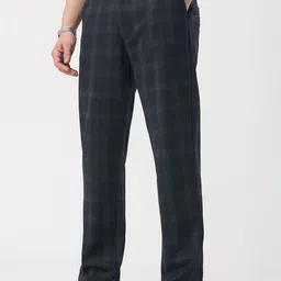 The Souled Store Men Navy Checks Classic Straight Fit Super Pants-image-0