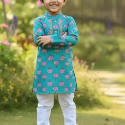 Baal Leela Boys Floral Printed Regular Thread Work Pure Cotton Kurta with Pyjamas image 5