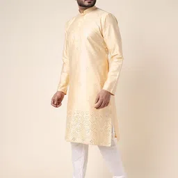 W & G Floral Embroidered Sequinned Mandarin Collar Chanderi Silk Kurta With Churidar image 4