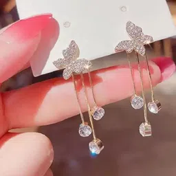 TheVineGirl Korean Silver-Plated Cubic Zirconia Studded Butterfly Shaped Drop Earrings-picture-13
