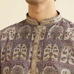 Manyavar Floral Printed Thread Work Mandarin Collar Straight Kurta With Pyjama image 2