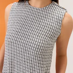 Globus Women Grey Tweed Checkered Round Neck Utility Pockets Mini Sheath Workwear Dress image 3