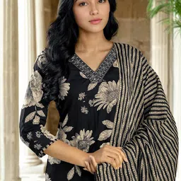 SKYLEE Floral Printed V-Neck Straight Kurta With Trousers And Dupatta image 2