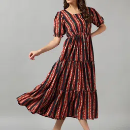 Raiyani Enterprise Women Printed Gathered Detail Tiered Crepe Fit & Flare Midi Dress-image-68