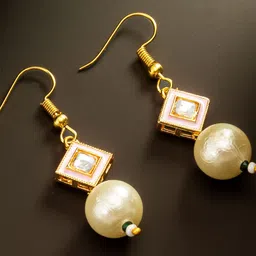 aadita Gold-Plated Kundan Studded & Pearls Beaded Spherical Shaped Drop Earrings image 4