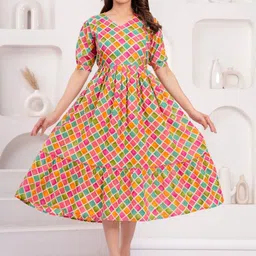 UrbanRang Women Printed Puff Sleeve Maternity Pure Cotton Fit and Flare Midi Dress-image-9