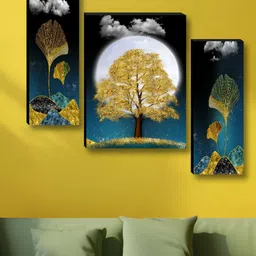 SAF Navy Blue & Gold-Toned 3 Pieces Tree And Moon Printed Wooden Wall Art image 2
