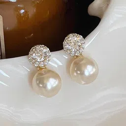 DressBerry Korean Gold-Plated American Diamond Studded & Pearls Beaded Circular Earrings image 2