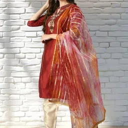 neel & ned Ethnic Motifs Embroidered Panelled Straight Kurta With Trousers & Dupatta image 5
