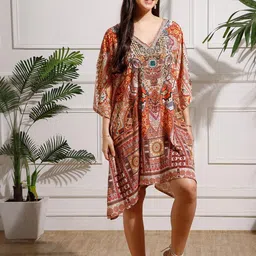 Aditi Wasan Women Embellished Printed Kimono Sleeve Satin Kaftan Midi Dress image 5