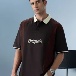 The Souled Store Cocoa Oversized Colourblocked Polo Collar Pure Cotton T-Shirt-picture-37