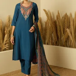 Anouk Women Embroidered Regular Chanderi Silk Straight Kurta with Trousers & Dupatta image 4