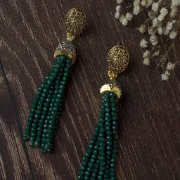 vivinia BY VIDHI MEHRA Gold Plated Artificial Beaded Tasseled Contemporary Drop Earrings-image-11
