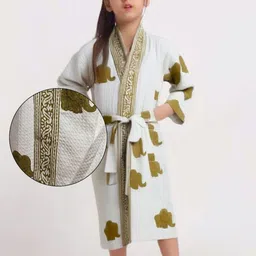 LIVING ROOTS Kids White & Mustard Printed Bath Robe-image-95