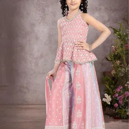 PINK LEAF Girls Floral Embroidered Sleeveless Pure Silk Top With Skirt image 5