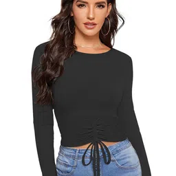 SHOPONBIT Women Solid Waist Tie-Ups Round Neck Crop Fitted Top-picture-28