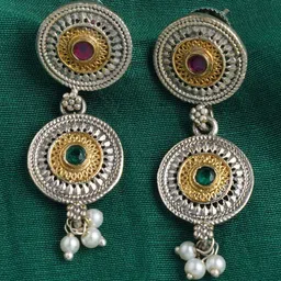 JAYPORE Artificial Stones Studded And Beaded Circular Shaped Drop Earrings-image-8