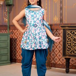 Sangria Girls Floral Printed Round Neck Cotton A-Line Kurta & Patiala With Dupatta-picture-36
