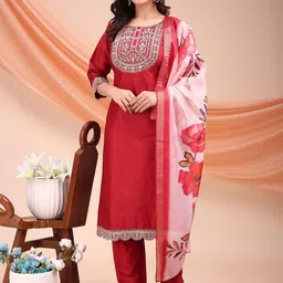 Moda Rapido Floral Embroidered Round Neck Cotton Silk Kurta With Trousers & Dupatta-picture-11