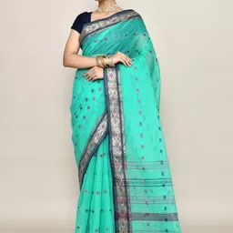PUKU Ethnic Motifs Patchwork Pure Cotton Handloom Taant Saree without blouse fabric-image-68