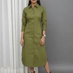 WineRed Cuffed Sleeves Cotton Shirt Midi Dress-picture-10
