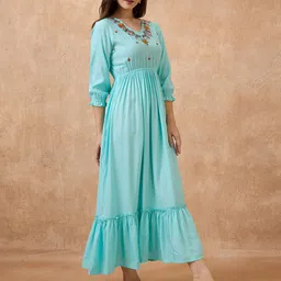 Globus V-Neck Floral Embroidered Yoke Fit and Flare Tiered Maxi Fusion Dress image 3