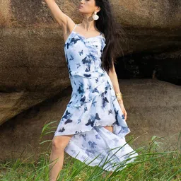 PINACOLADA Women Shoulder Straps Ruffles Butterfly Printed A-Line Midi Dress-picture-28