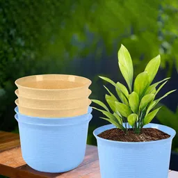 Kuber Industries Blue & Beige 6 Pieces Textured Flower Pots With Plate image 1